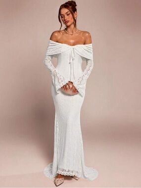 Off-Shoulder White Lace Maxi Mermaid Dress SHEIN BAE